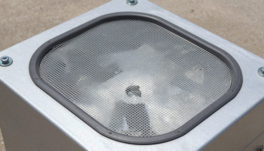 Installierte Lichtschachtabdeckung mit sichtbaren Befestigungsschrauben am Rahmen