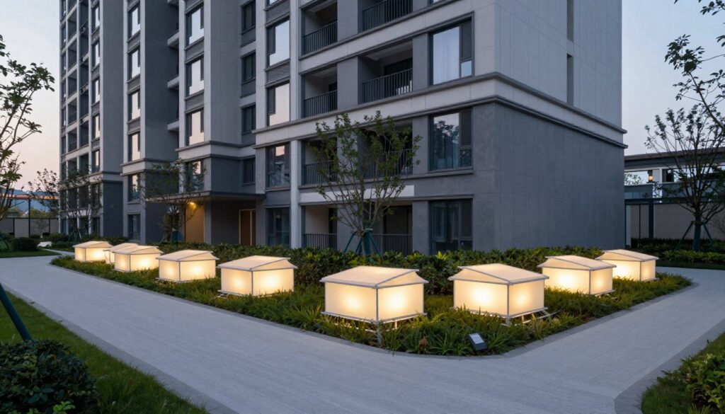 Mehrfamilienhaus mit mehreren installierten Lichtschachtabdeckungen entlang der Fassade