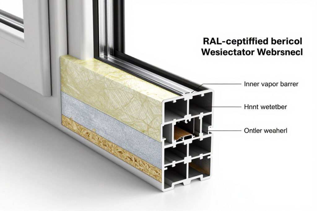 RAL-Montage Fenstereinbau im Querschnitt mit drei Dichtungsebenen