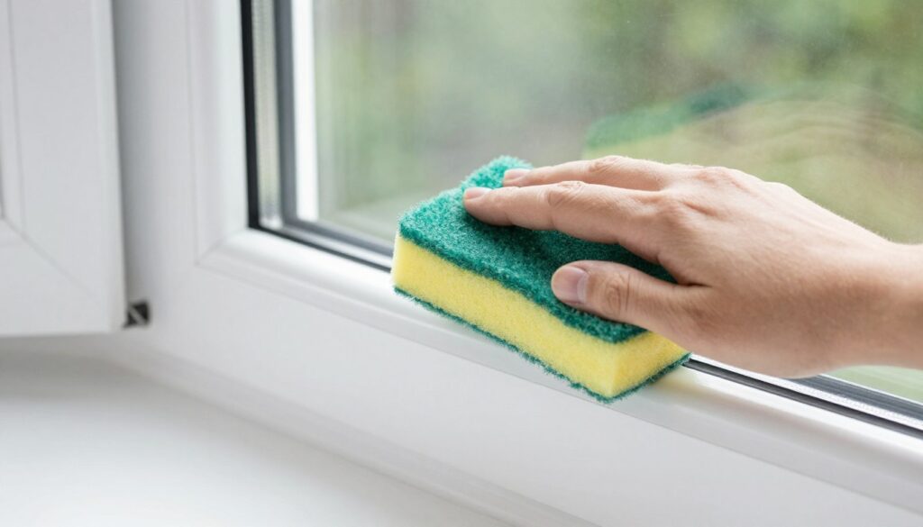 Reinigung von Kunststofffenstern mit Schwamm und Reinigungsmittel