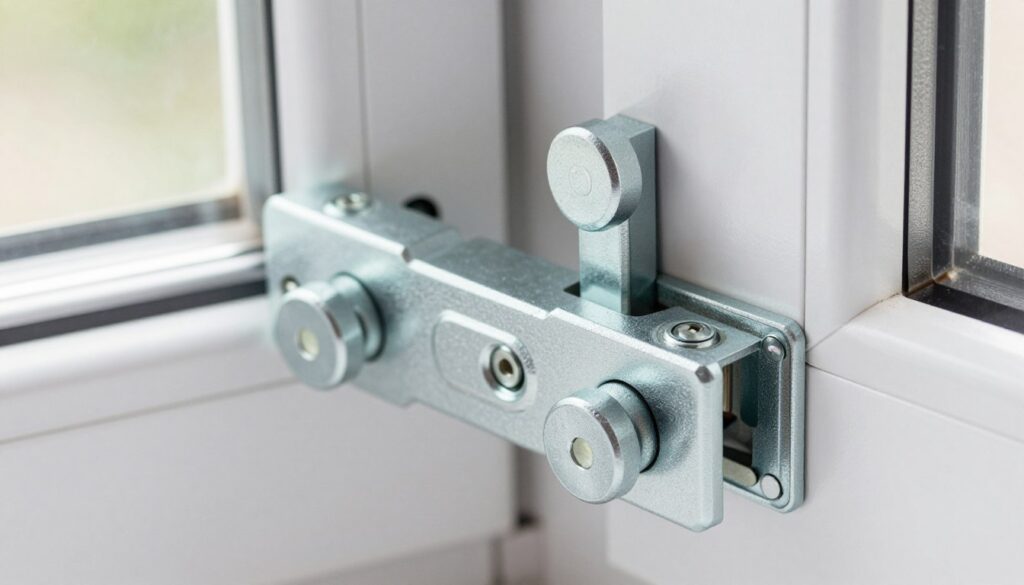 Sicherheitsbeschlag und Pilzkopfverriegelung an einem modernen Fenster