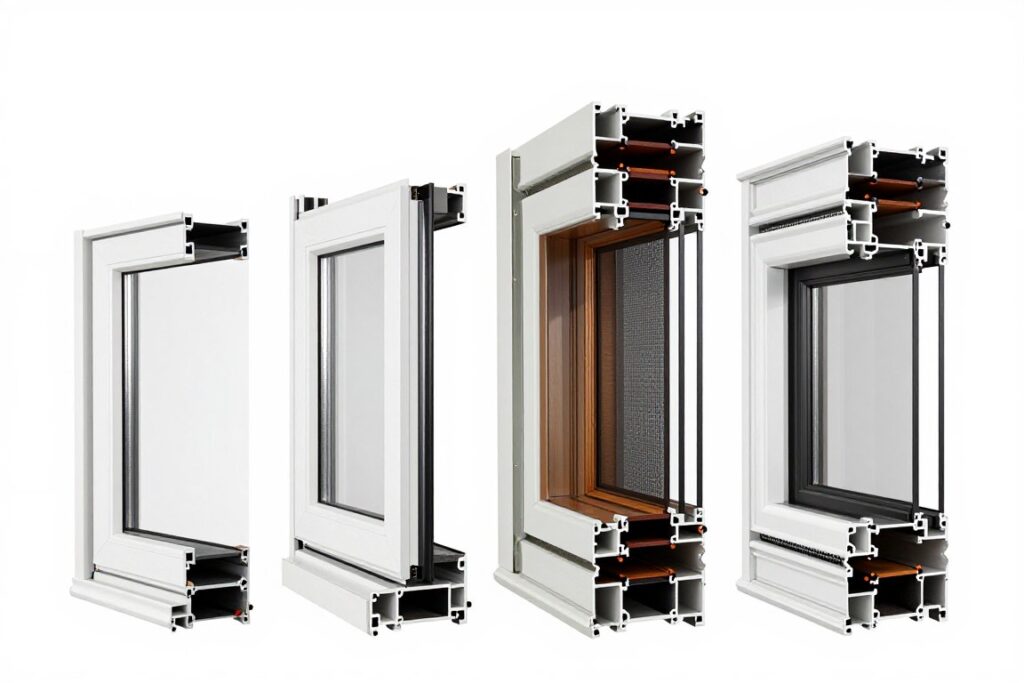 Verschiedene Kunststofffensterprofile mit 5, 6 und 7 Kammern im Vergleich