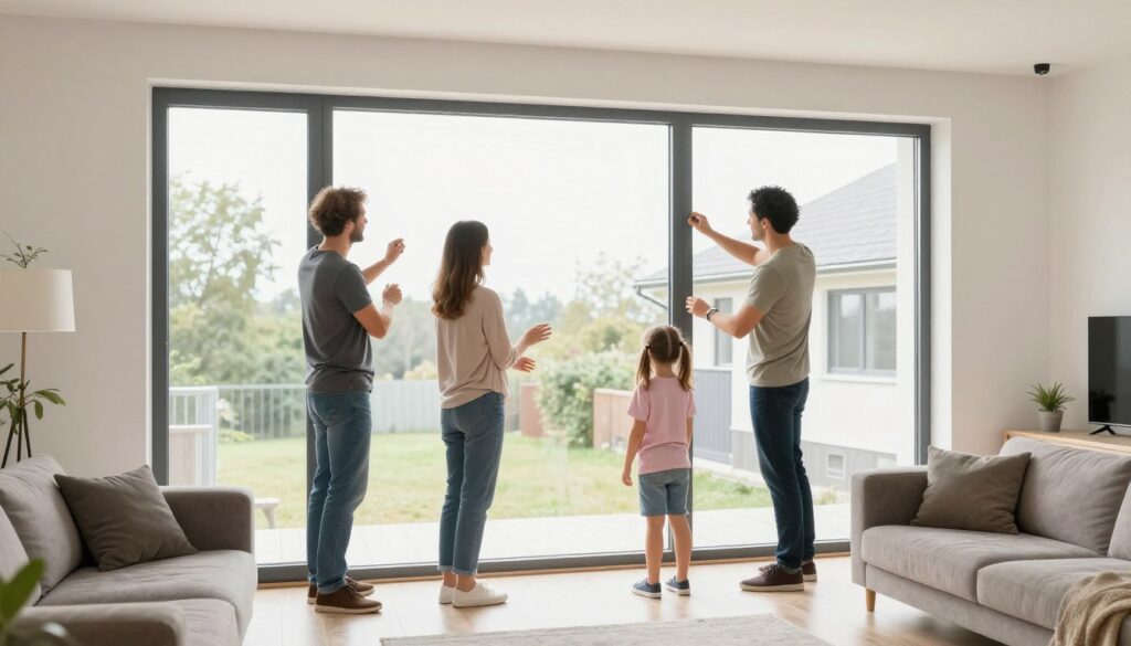 Zufriedene Familie vor neu eingebauten Fenstern in modernem Wohnzimmer