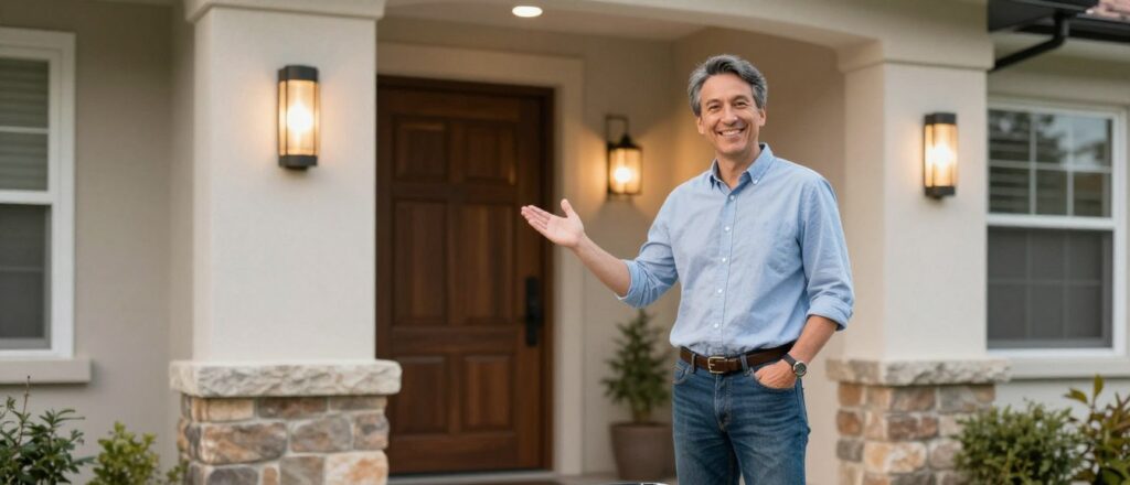 Zufriedener Kunde vor seinem Haus mit neu installierter Lichtschachtabdeckung